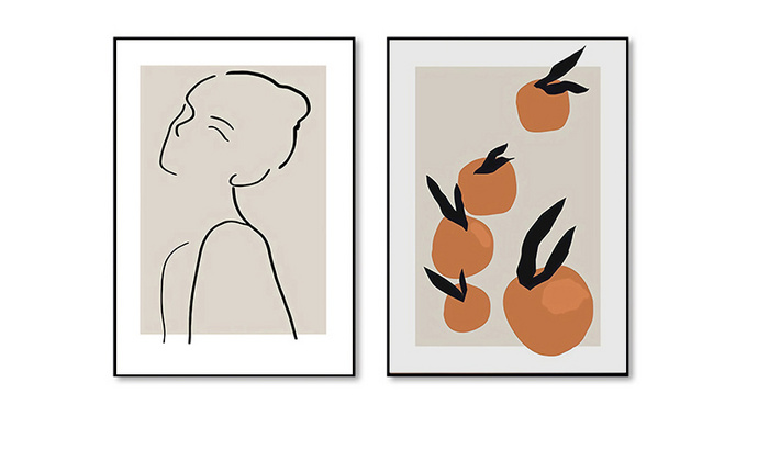 手绘线条人物 & 橘子：现代北欧风家居客厅装饰画/挂画（铝合金框款）