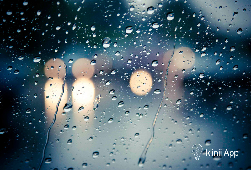 坐在车的后座,凝视着窗外的雨滴和模糊,以及在雨水中模糊和迷离的灯光
