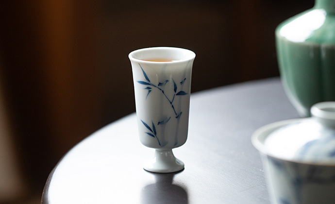 纯手绘白瓷薄胎青竹高脚茶杯品茗杯主人杯